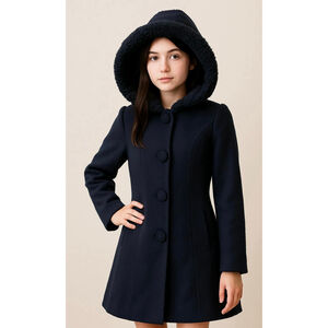 Girls Rothschild Navy Pea Coat Faux Fur Hood Size 16 Timeless‎ Classic Elegance